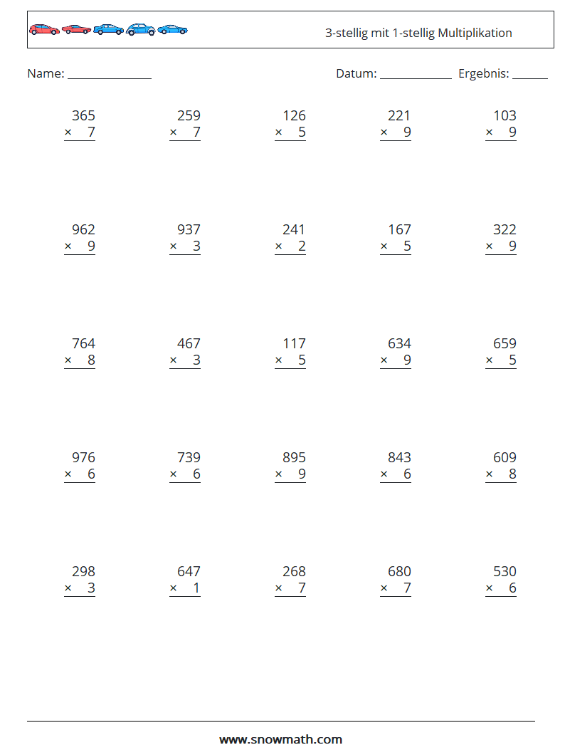 (25) 3-stellig mit 1-stellig Multiplikation Mathe-Arbeitsblätter 17
