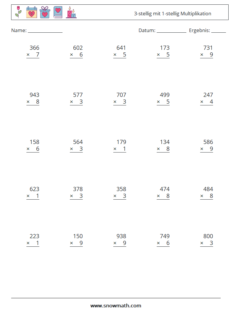 (25) 3-stellig mit 1-stellig Multiplikation Mathe-Arbeitsblätter 18