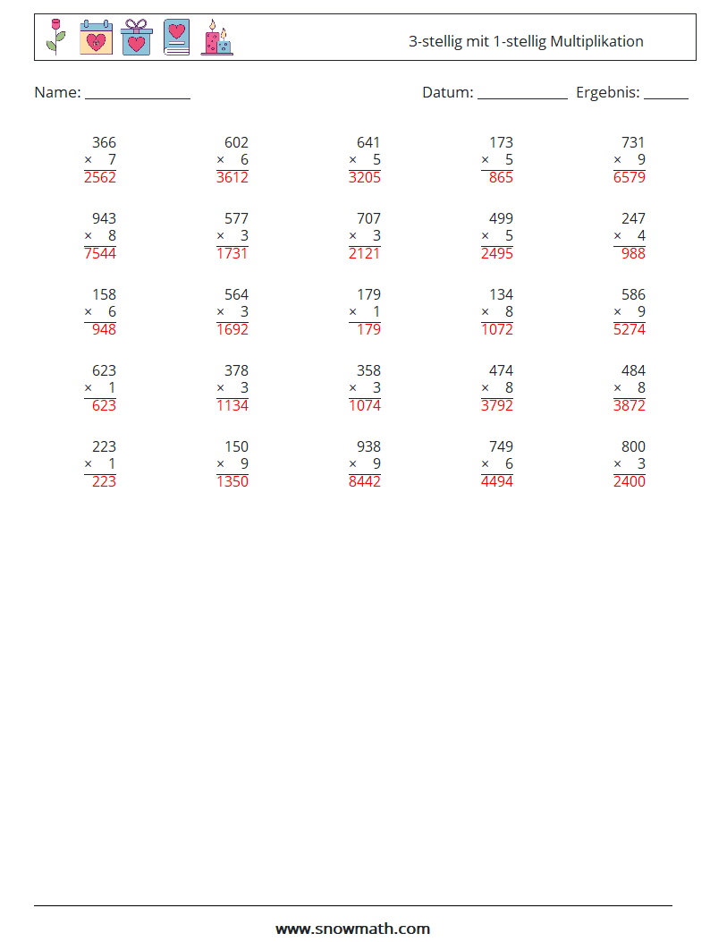 (25) 3-stellig mit 1-stellig Multiplikation Mathe-Arbeitsblätter 18 Frage, Antwort