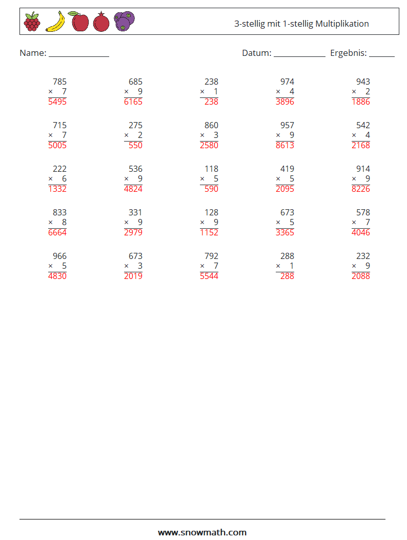 (25) 3-stellig mit 1-stellig Multiplikation Mathe-Arbeitsblätter 1 Frage, Antwort