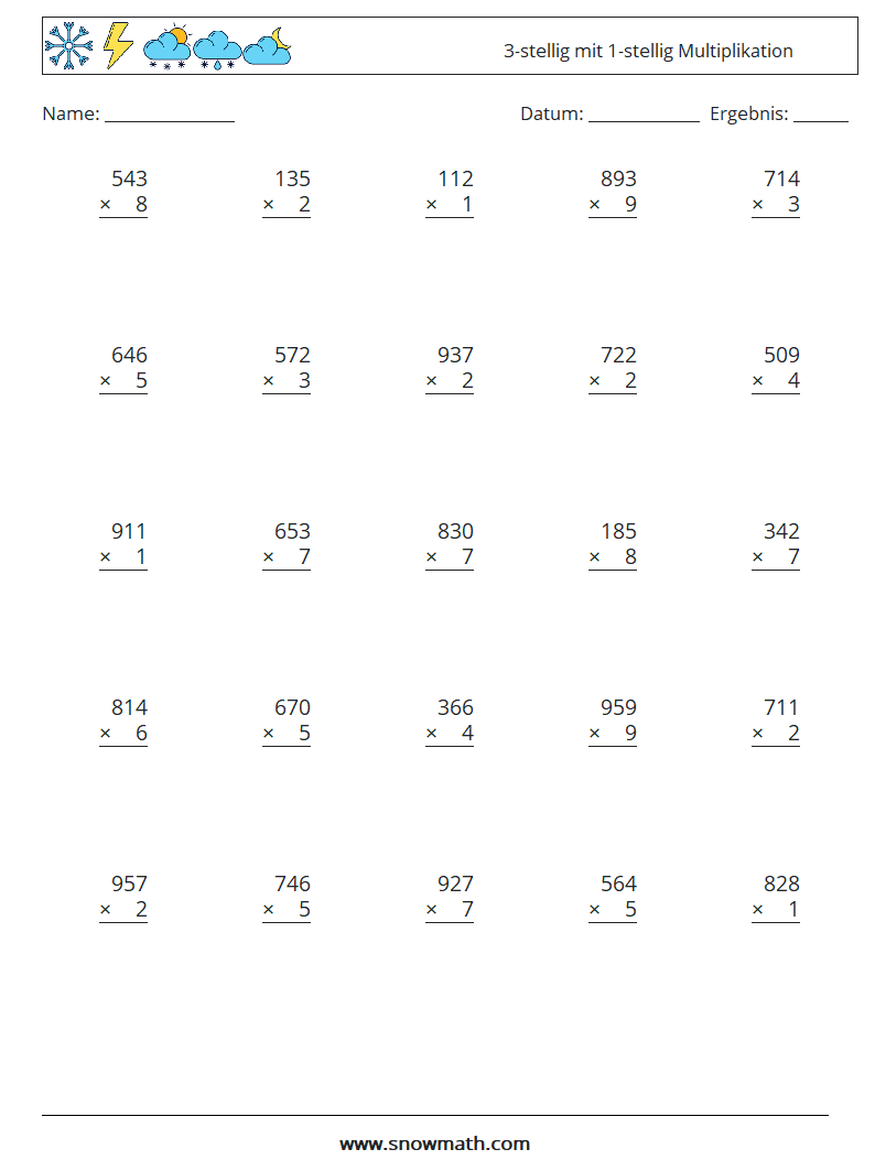 (25) 3-stellig mit 1-stellig Multiplikation Mathe-Arbeitsblätter 2