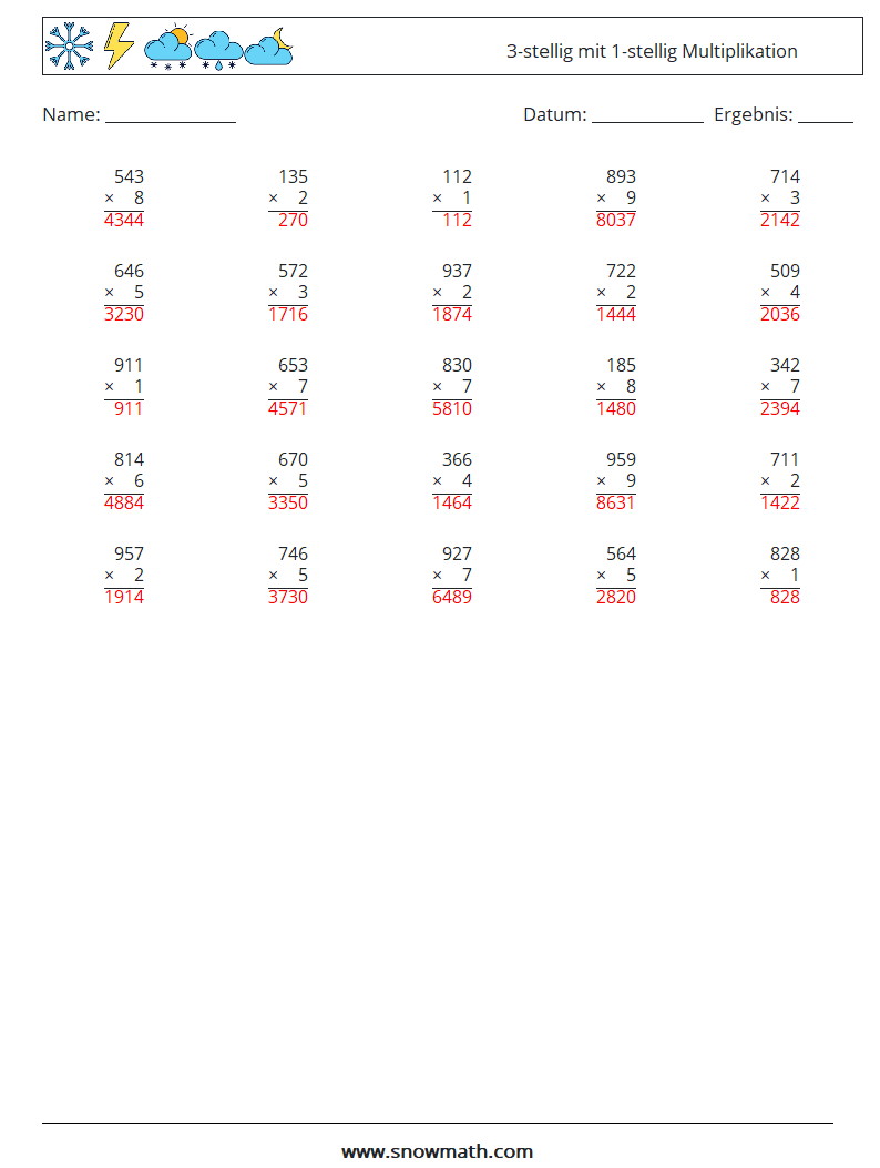 (25) 3-stellig mit 1-stellig Multiplikation Mathe-Arbeitsblätter 2 Frage, Antwort