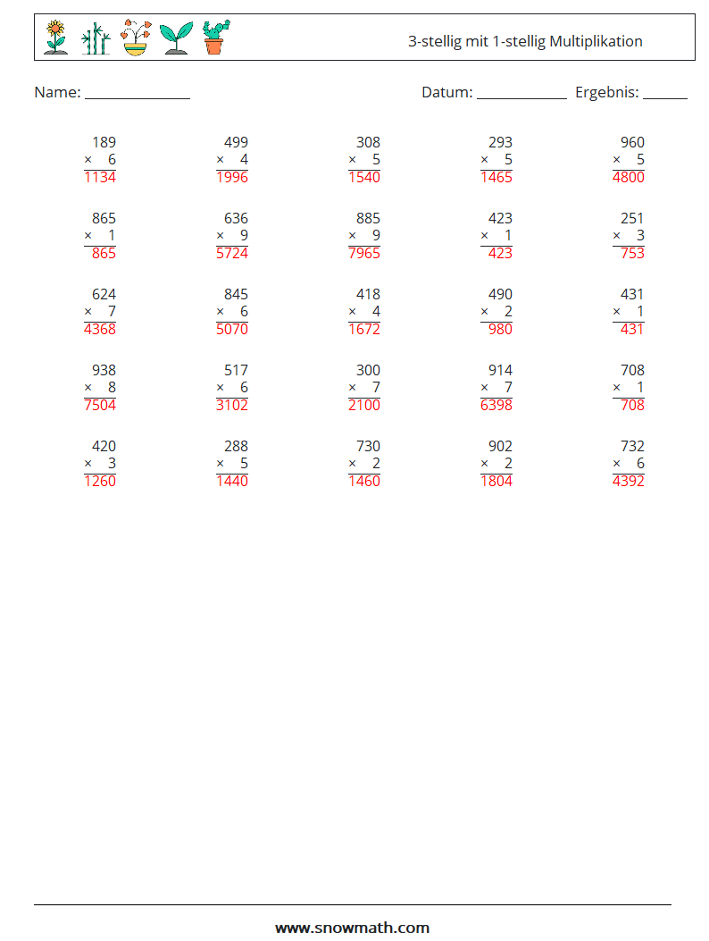 (25) 3-stellig mit 1-stellig Multiplikation Mathe-Arbeitsblätter 3 Frage, Antwort