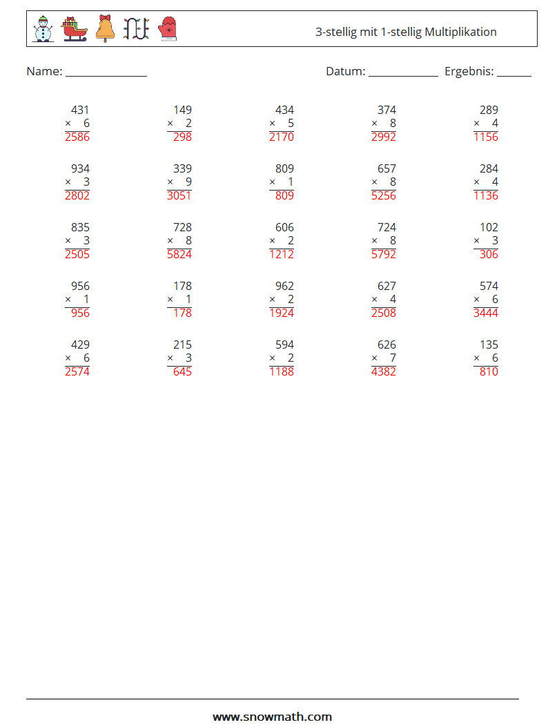 (25) 3-stellig mit 1-stellig Multiplikation Mathe-Arbeitsblätter 4 Frage, Antwort