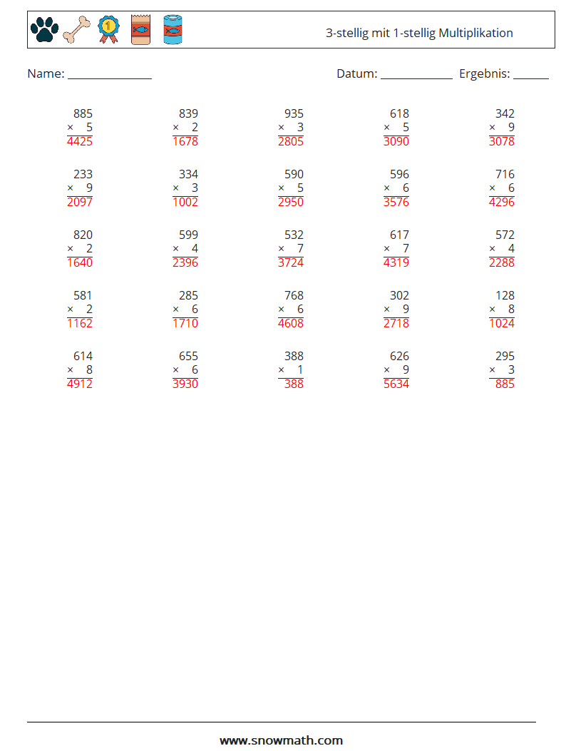 (25) 3-stellig mit 1-stellig Multiplikation Mathe-Arbeitsblätter 5 Frage, Antwort