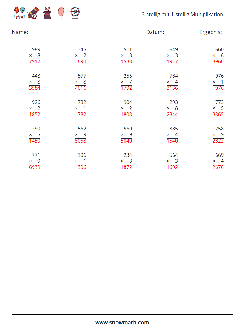 (25) 3-stellig mit 1-stellig Multiplikation Mathe-Arbeitsblätter 7 Frage, Antwort