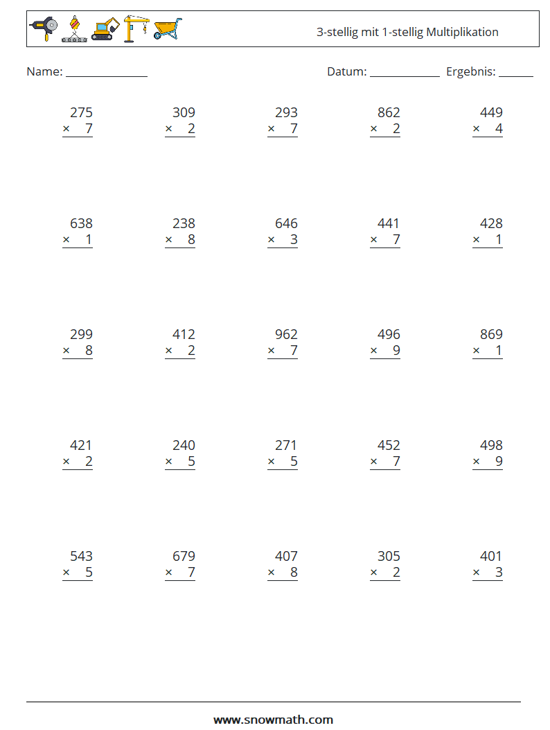 (25) 3-stellig mit 1-stellig Multiplikation Mathe-Arbeitsblätter 8