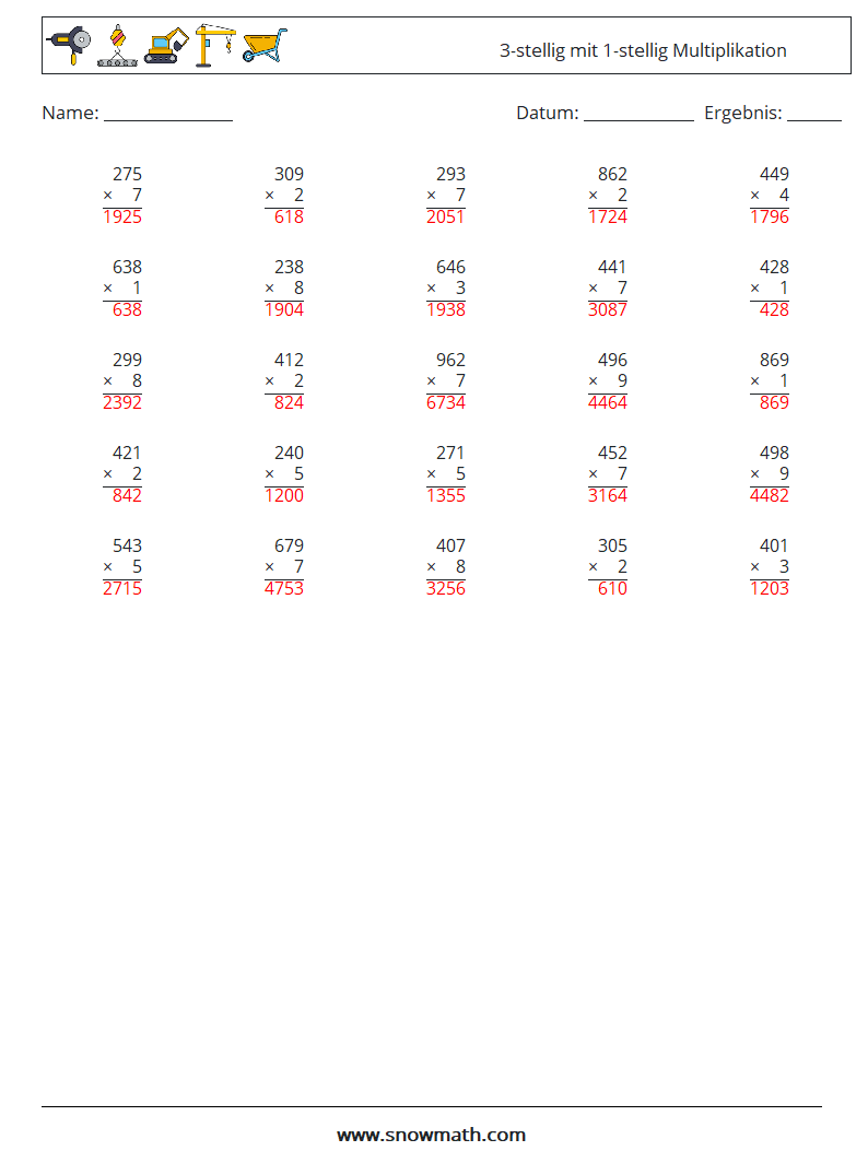 (25) 3-stellig mit 1-stellig Multiplikation Mathe-Arbeitsblätter 8 Frage, Antwort