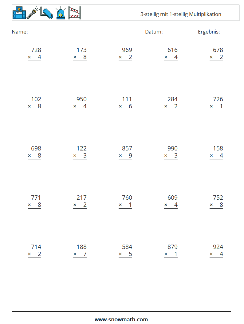 (25) 3-stellig mit 1-stellig Multiplikation Mathe-Arbeitsblätter 9