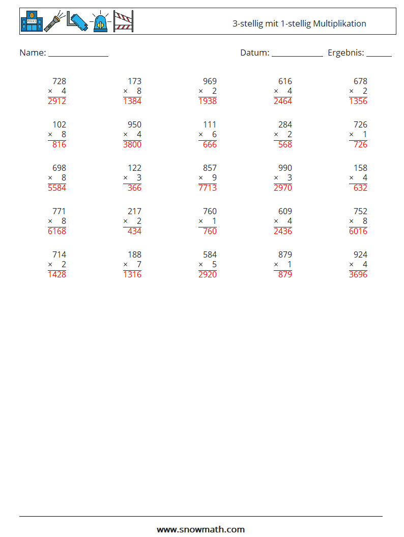 (25) 3-stellig mit 1-stellig Multiplikation Mathe-Arbeitsblätter 9 Frage, Antwort