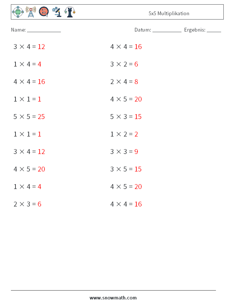 (20) 5x5 Multiplikation Mathe-Arbeitsblätter 3 Frage, Antwort