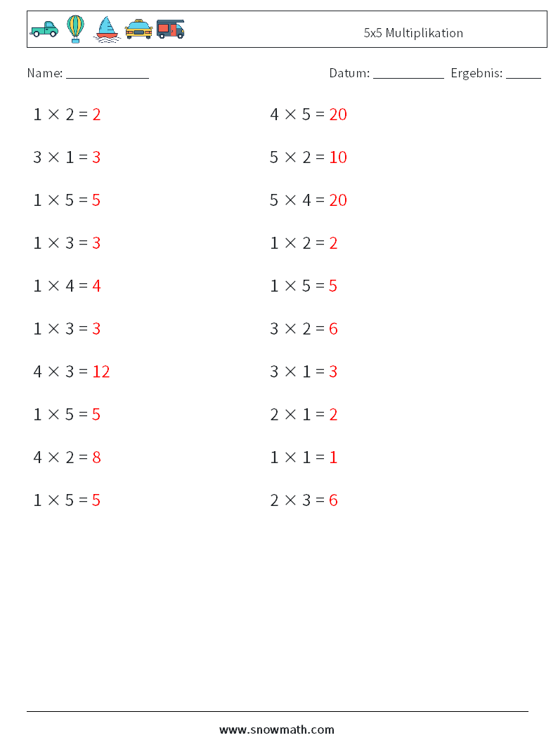 (20) 5x5 Multiplikation Mathe-Arbeitsblätter 5 Frage, Antwort