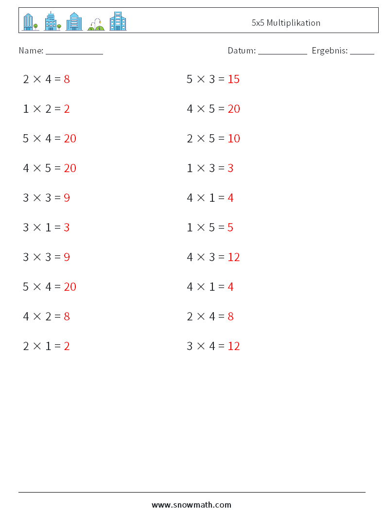 (20) 5x5 Multiplikation Mathe-Arbeitsblätter 6 Frage, Antwort