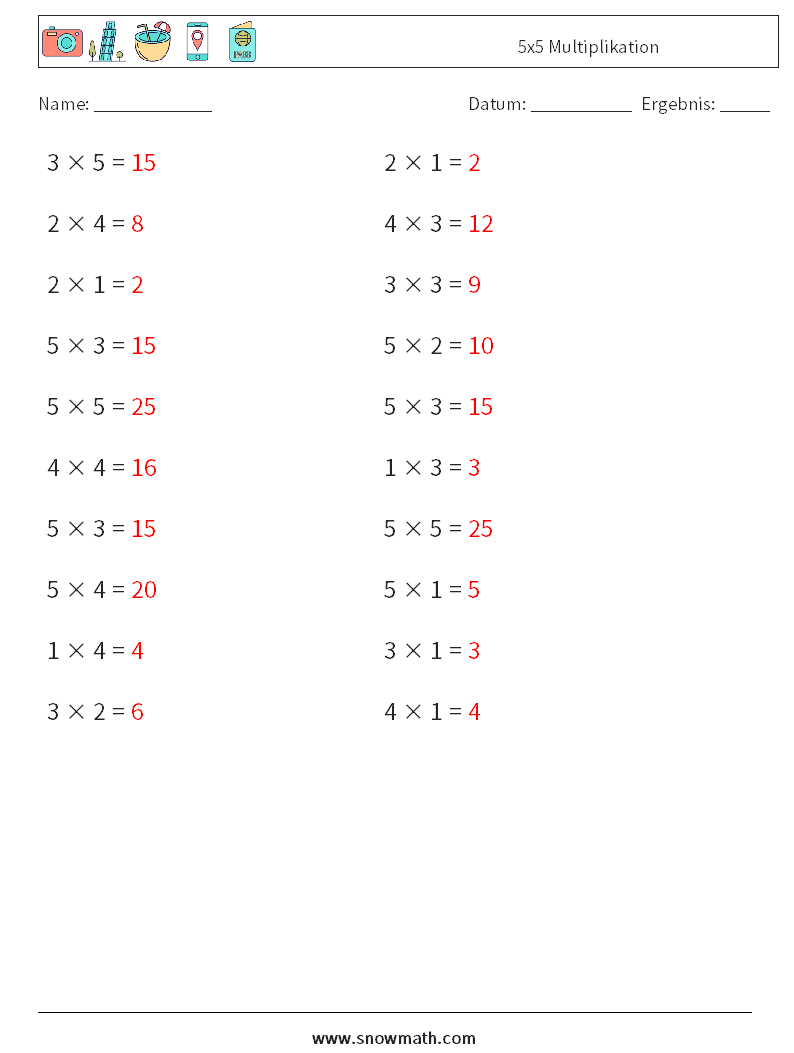 (20) 5x5 Multiplikation Mathe-Arbeitsblätter 7 Frage, Antwort