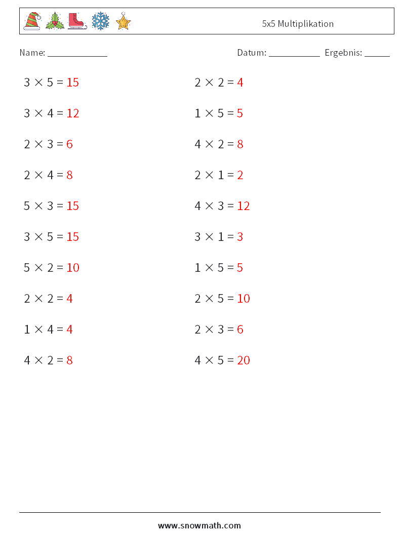 (20) 5x5 Multiplikation Mathe-Arbeitsblätter 9 Frage, Antwort