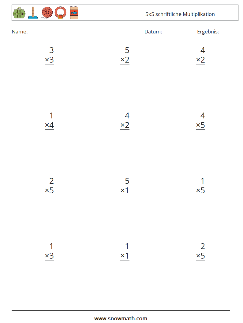 (12) 5x5 schriftliche Multiplikation Mathe-Arbeitsblätter 1