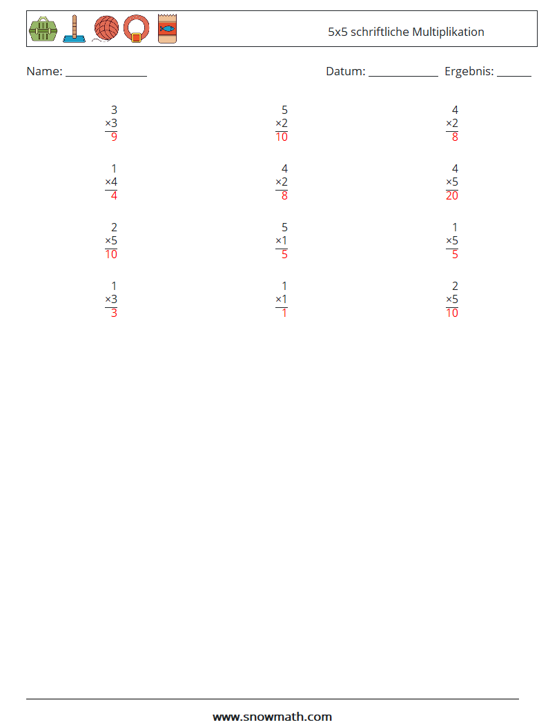 (12) 5x5 schriftliche Multiplikation Mathe-Arbeitsblätter 1 Frage, Antwort