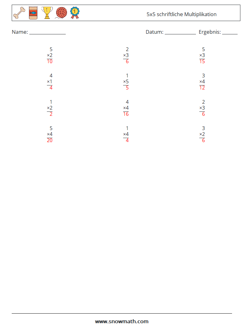 (12) 5x5 schriftliche Multiplikation Mathe-Arbeitsblätter 2 Frage, Antwort