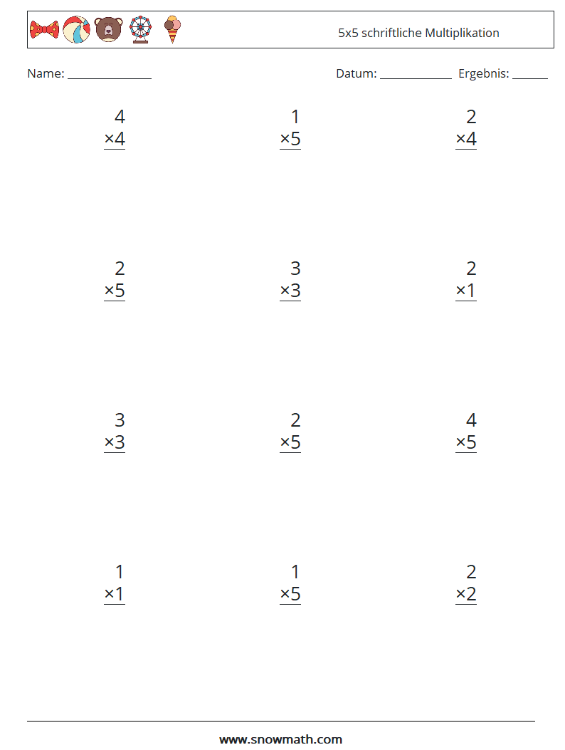 (12) 5x5 schriftliche Multiplikation Mathe-Arbeitsblätter 3