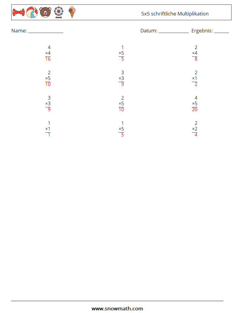 (12) 5x5 schriftliche Multiplikation Mathe-Arbeitsblätter 3 Frage, Antwort