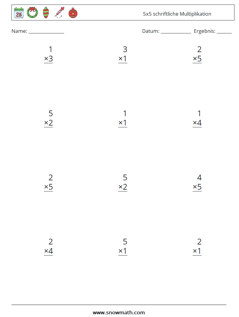 (12) 5x5 schriftliche Multiplikation Mathe-Arbeitsblätter 4