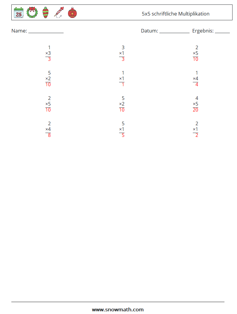 (12) 5x5 schriftliche Multiplikation Mathe-Arbeitsblätter 4 Frage, Antwort