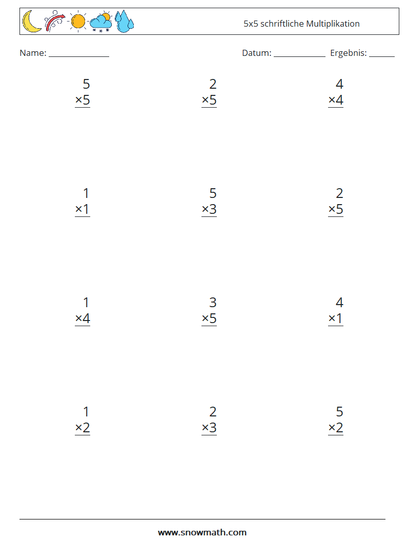 (12) 5x5 schriftliche Multiplikation Mathe-Arbeitsblätter 5