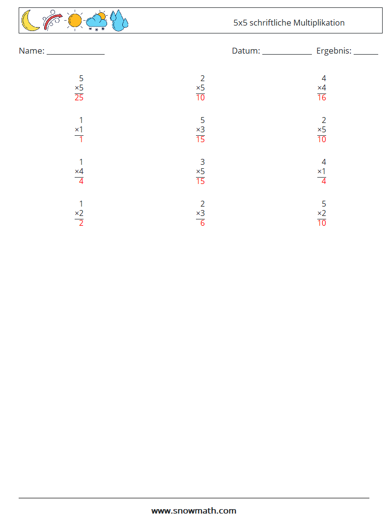 (12) 5x5 schriftliche Multiplikation Mathe-Arbeitsblätter 5 Frage, Antwort