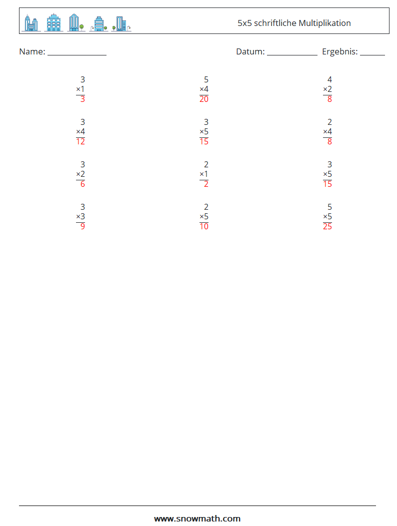 (12) 5x5 schriftliche Multiplikation Mathe-Arbeitsblätter 6 Frage, Antwort