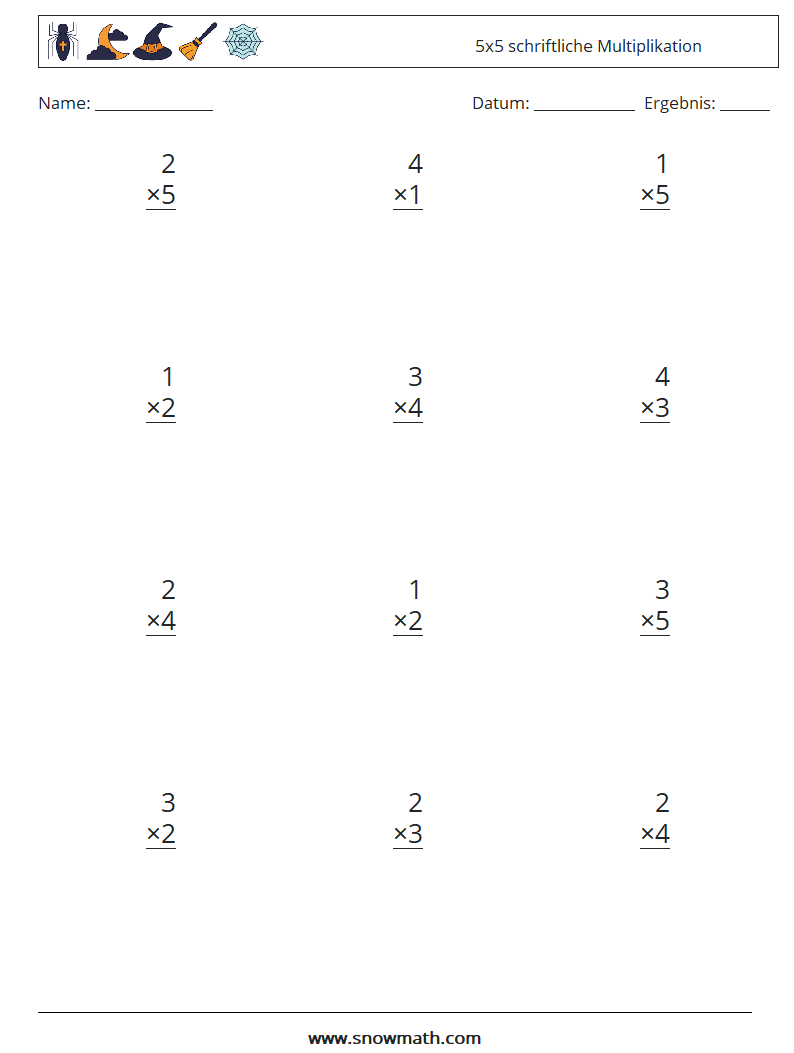 (12) 5x5 schriftliche Multiplikation Mathe-Arbeitsblätter 8