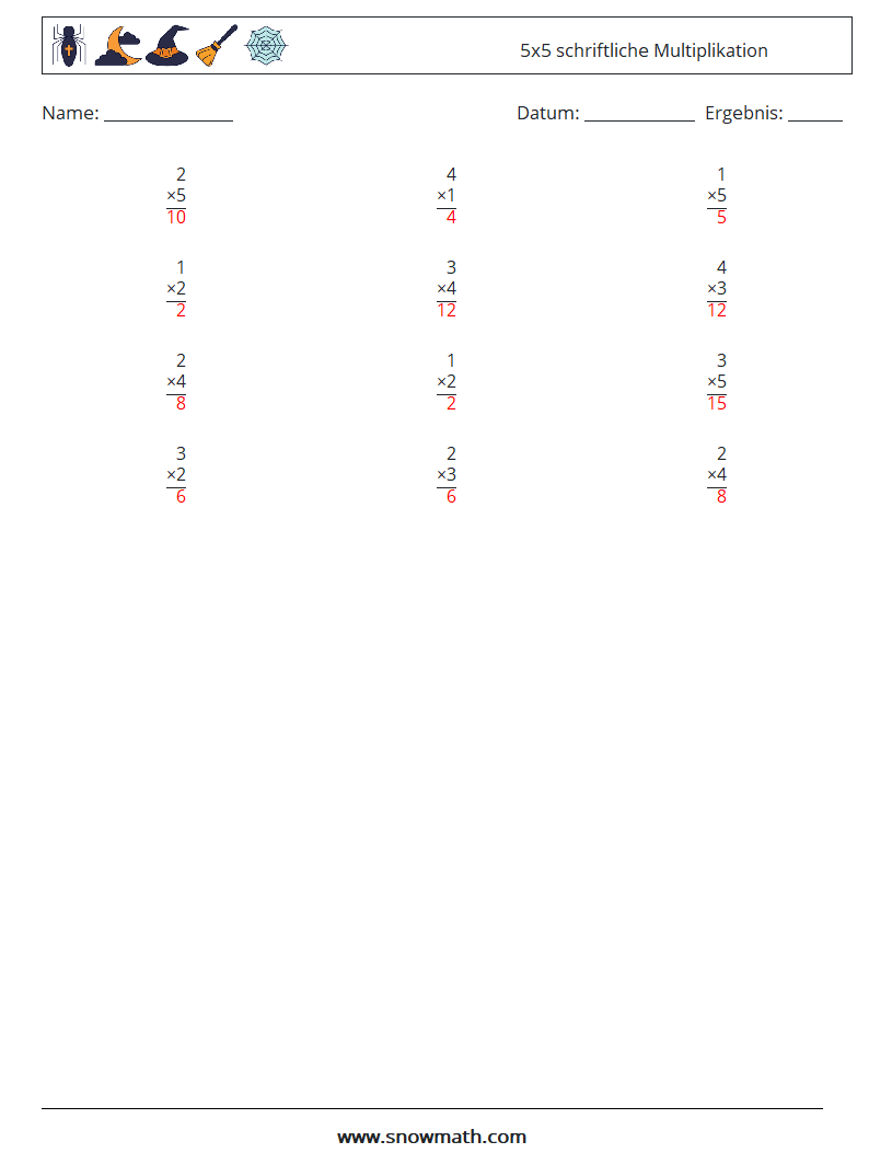 (12) 5x5 schriftliche Multiplikation Mathe-Arbeitsblätter 8 Frage, Antwort