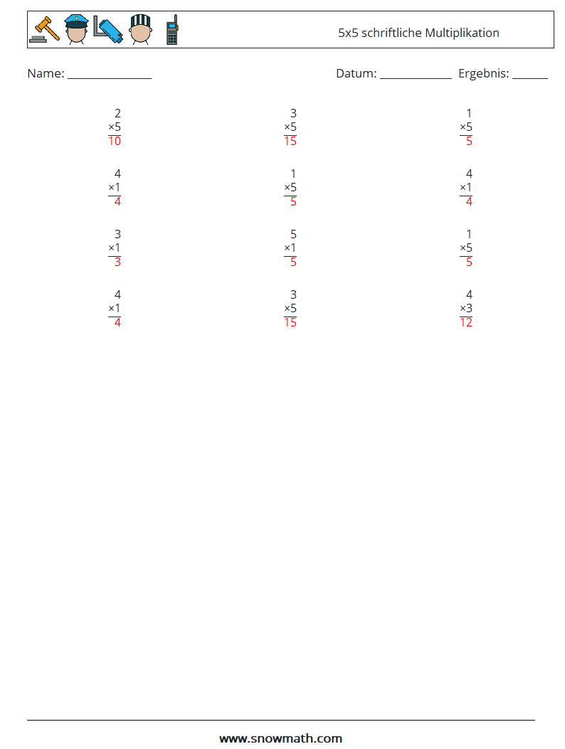 (12) 5x5 schriftliche Multiplikation Mathe-Arbeitsblätter 9 Frage, Antwort