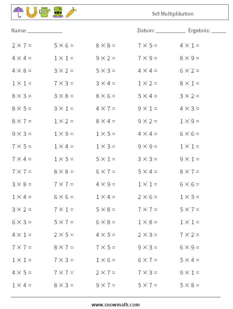 (100) 9x9 Multiplikation Mathe-Arbeitsblätter 1