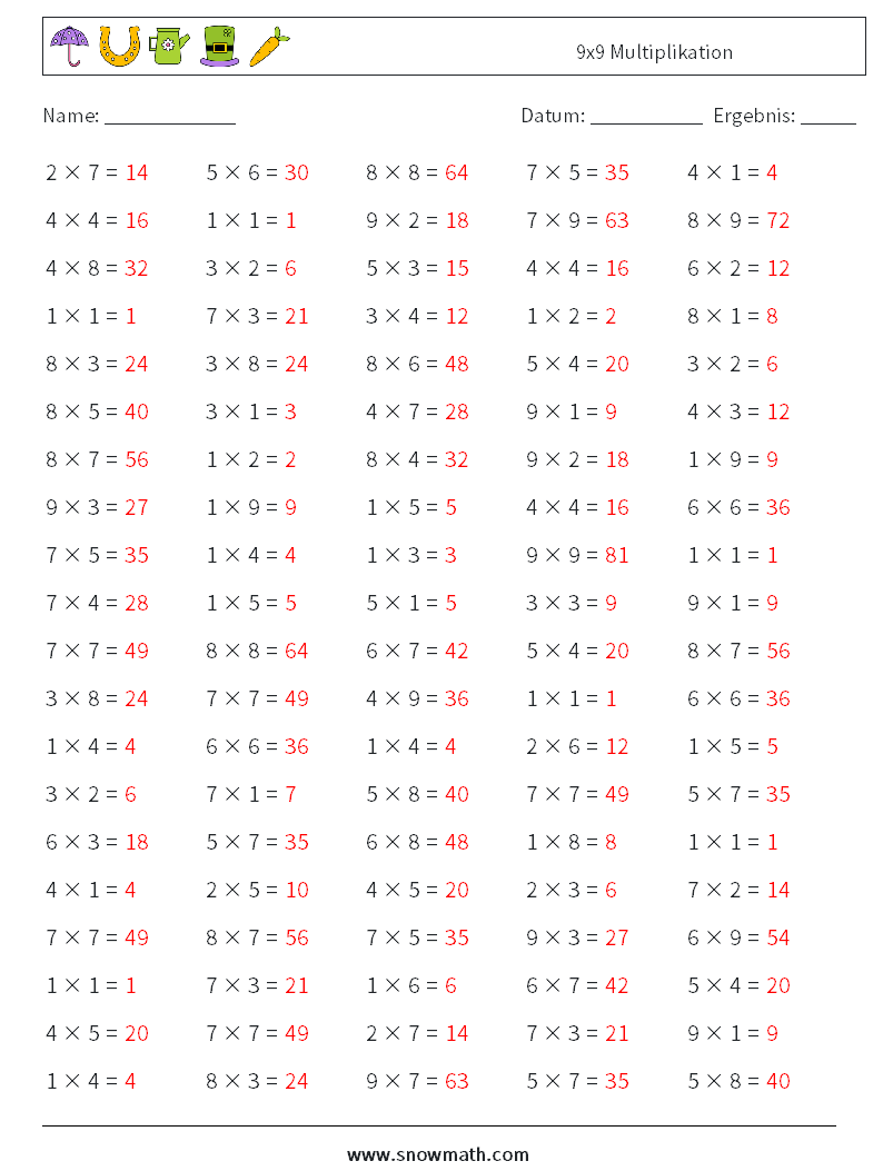 (100) 9x9 Multiplikation Mathe-Arbeitsblätter 1 Frage, Antwort