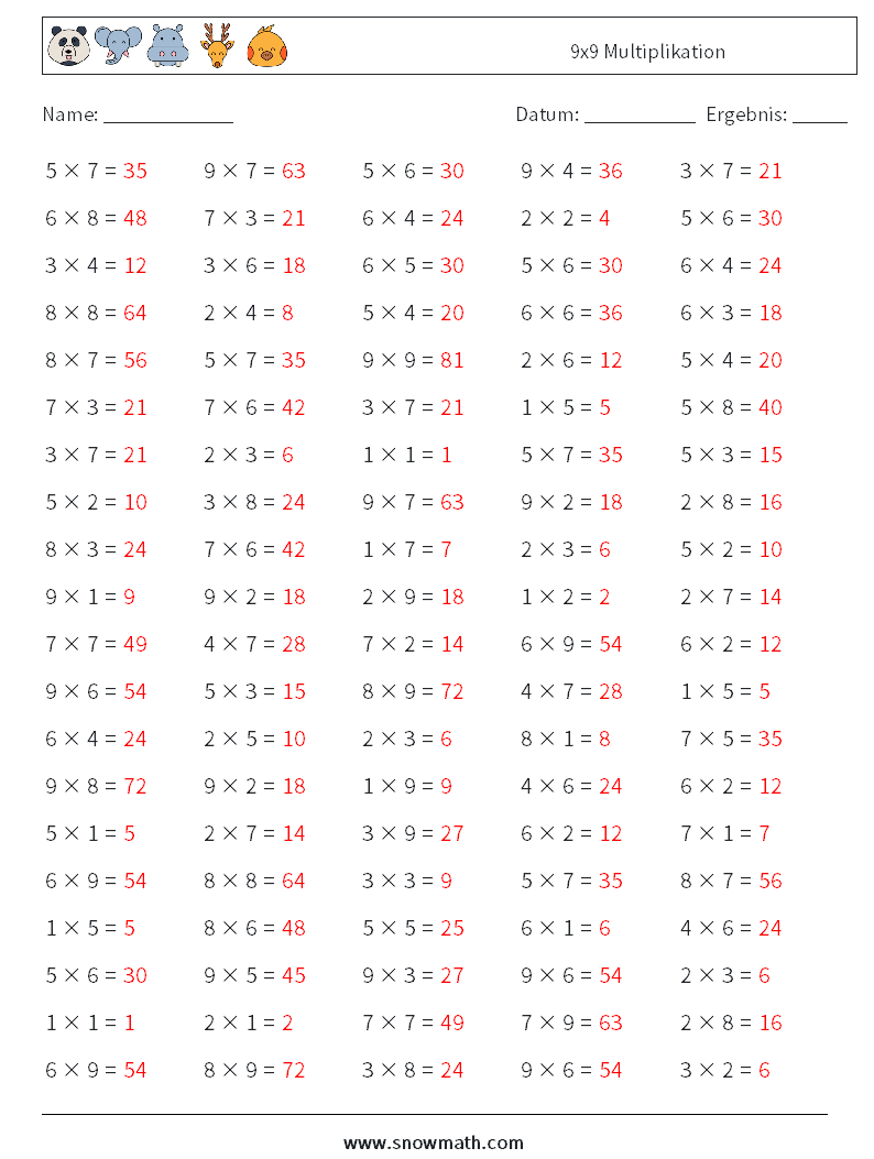 (100) 9x9 Multiplikation Mathe-Arbeitsblätter 2 Frage, Antwort