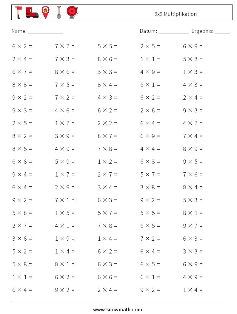 (100) 9x9 Multiplikation Mathe-Arbeitsblätter 3