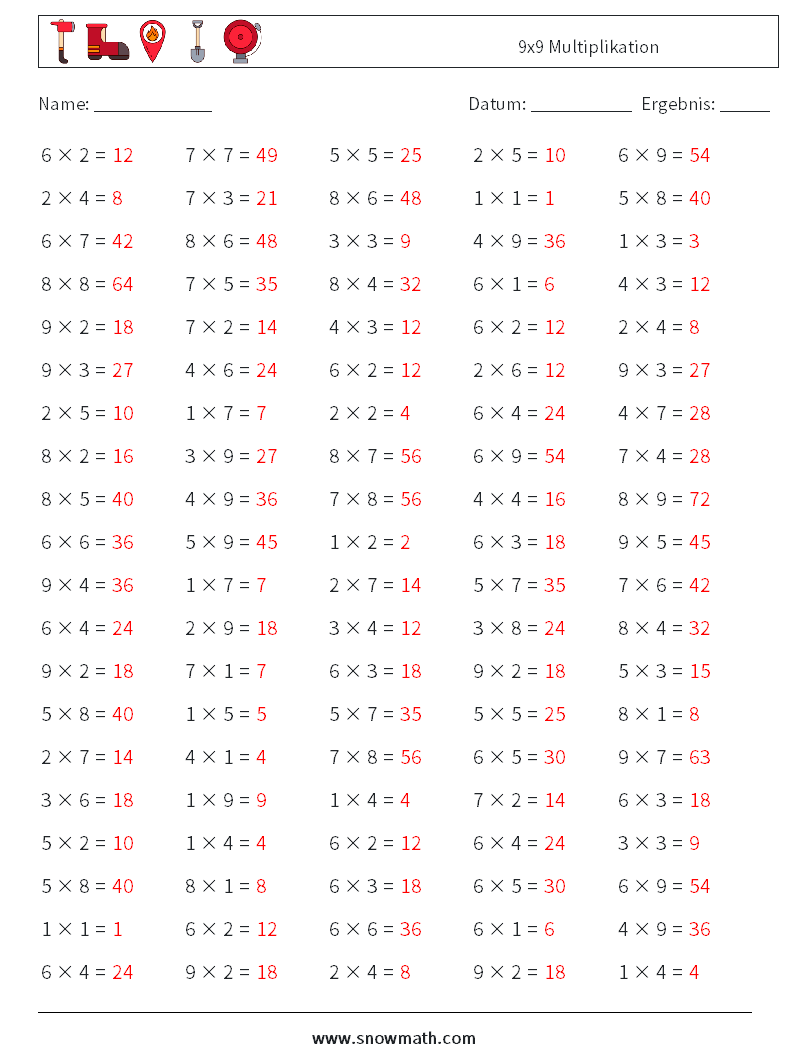 (100) 9x9 Multiplikation Mathe-Arbeitsblätter 3 Frage, Antwort
