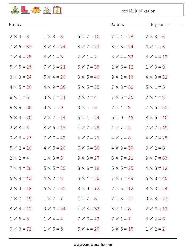 (100) 9x9 Multiplikation Mathe-Arbeitsblätter 4 Frage, Antwort