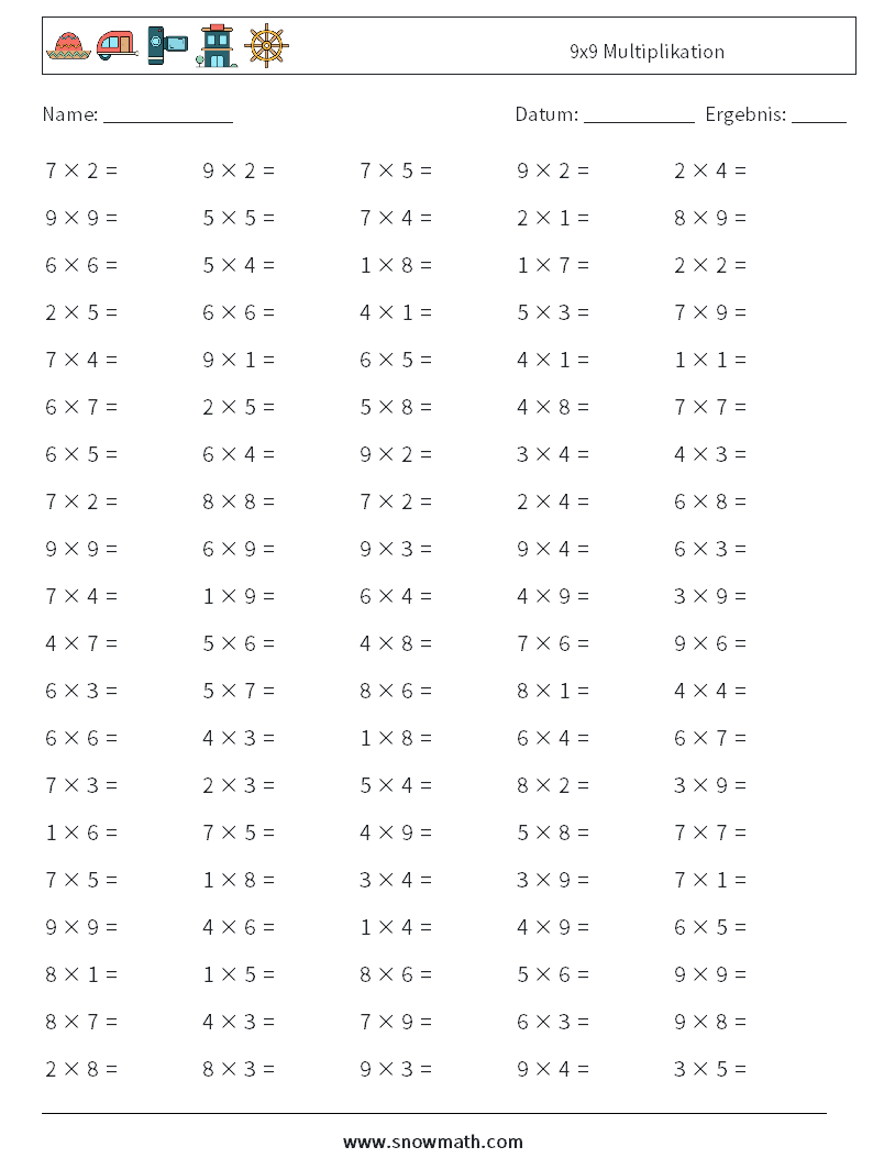 (100) 9x9 Multiplikation Mathe-Arbeitsblätter 6