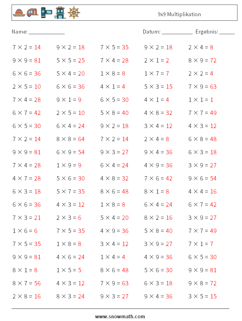 (100) 9x9 Multiplikation Mathe-Arbeitsblätter 6 Frage, Antwort