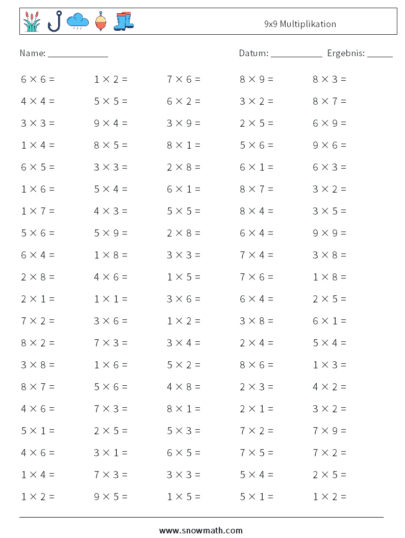 (100) 9x9 Multiplikation Mathe-Arbeitsblätter 7