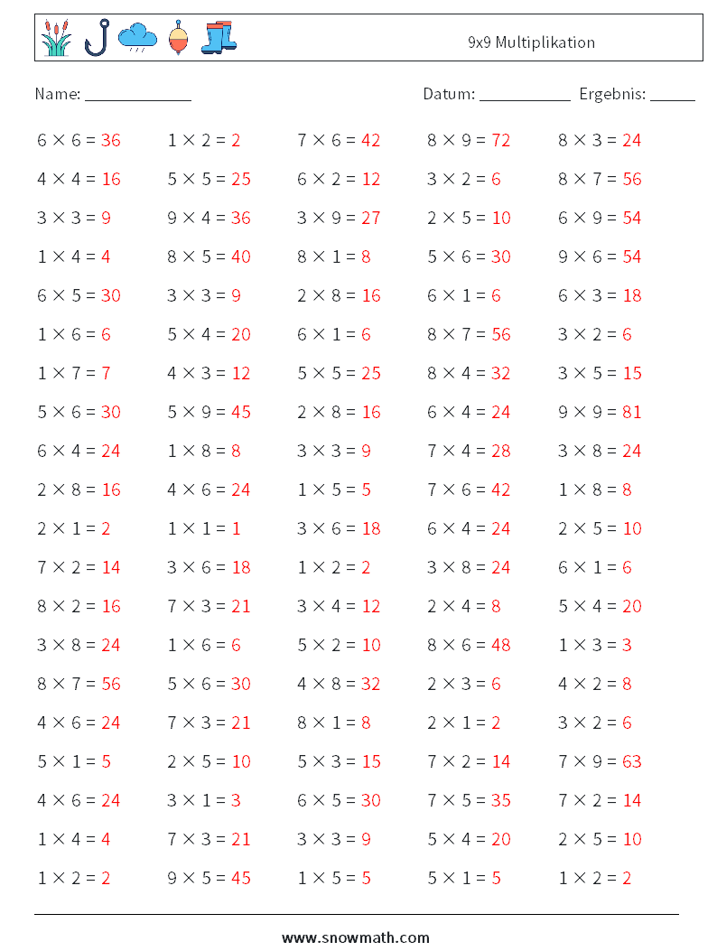 (100) 9x9 Multiplikation Mathe-Arbeitsblätter 7 Frage, Antwort