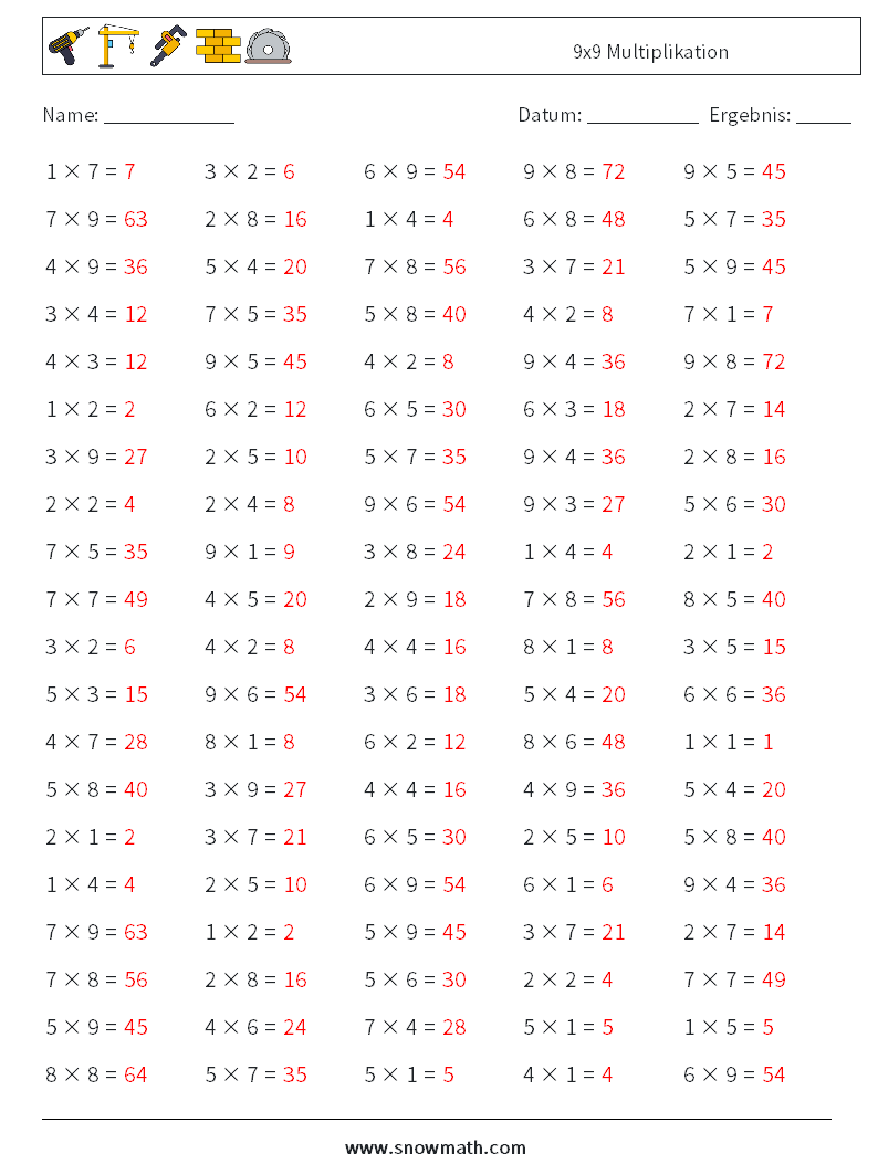(100) 9x9 Multiplikation Mathe-Arbeitsblätter 8 Frage, Antwort