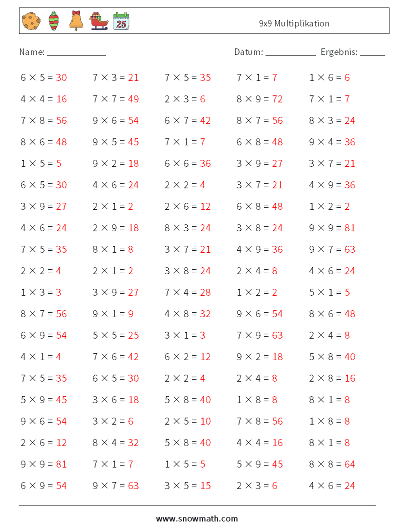 (100) 9x9 Multiplikation Mathe-Arbeitsblätter 9 Frage, Antwort