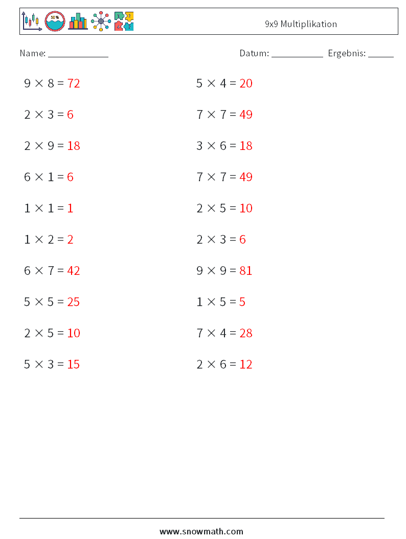 (20) 9x9 Multiplikation Mathe-Arbeitsblätter 1 Frage, Antwort