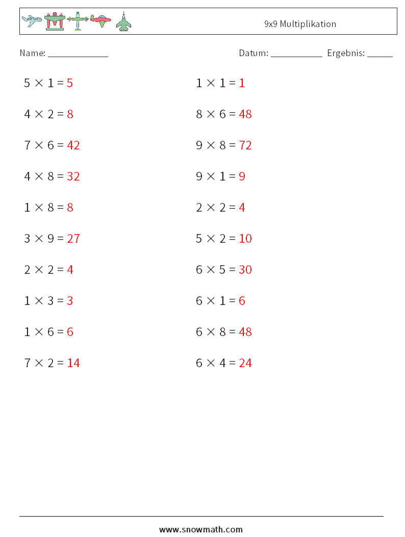 (20) 9x9 Multiplikation Mathe-Arbeitsblätter 2 Frage, Antwort