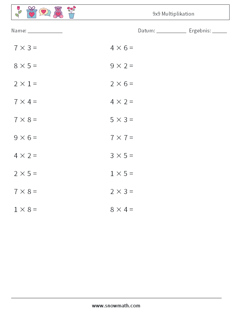 (20) 9x9 Multiplikation Mathe-Arbeitsblätter 3