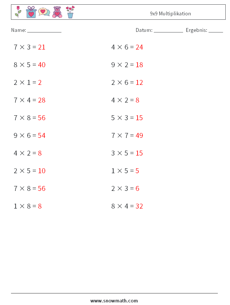 (20) 9x9 Multiplikation Mathe-Arbeitsblätter 3 Frage, Antwort