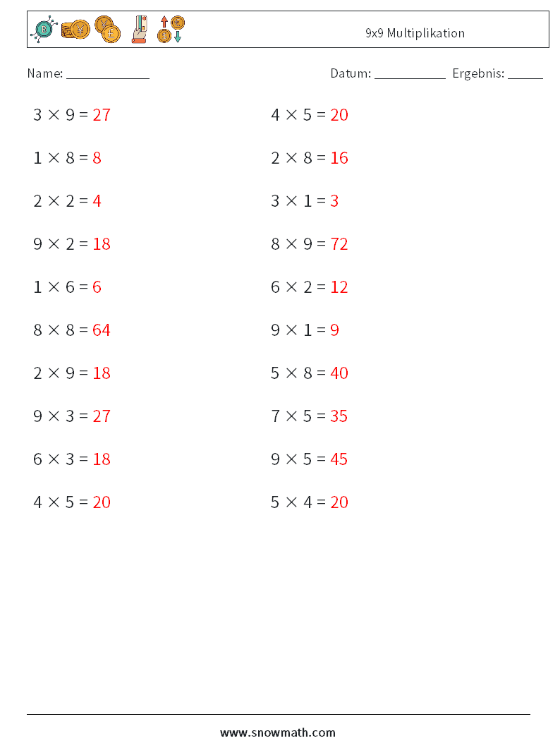 (20) 9x9 Multiplikation Mathe-Arbeitsblätter 5 Frage, Antwort