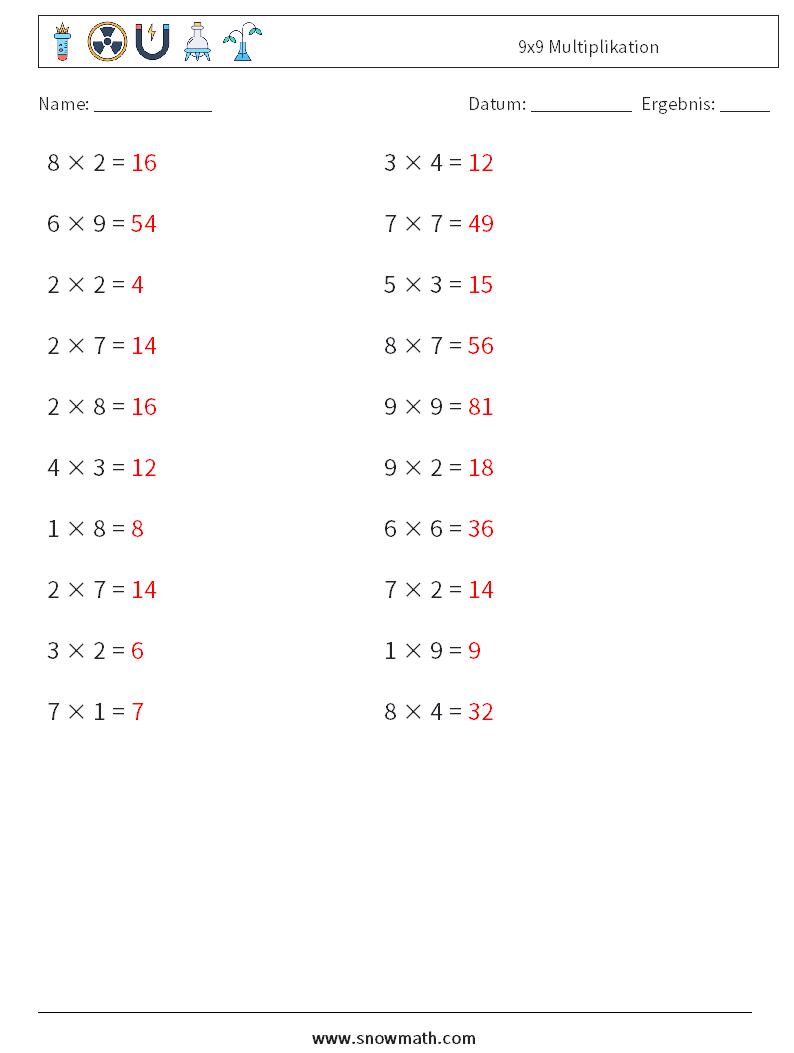 (20) 9x9 Multiplikation Mathe-Arbeitsblätter 6 Frage, Antwort
